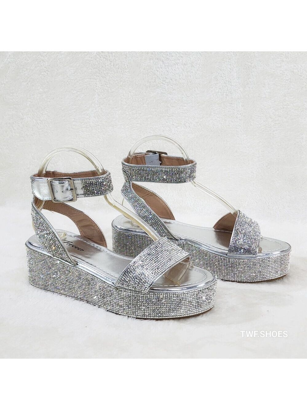 NIB Flashy Silver Ankle Strap Sparkling Rhinestone Wedge 2" Platform Sandals